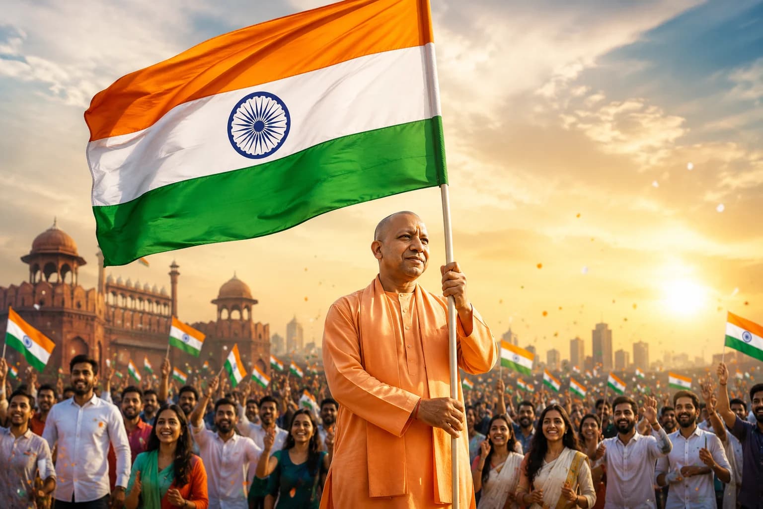 मुख्यमंत्री योगी आदित्यनाथ तिरंगा थामे हुए, पीछे तिरंगे लहराती भीड़ और लाल क़िले जैसा परिसर